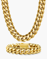 A chunky gold Cuban link chain necklace and matching bracelet displayed on a clean white background.
