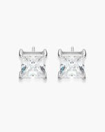 A pair of silver stud earrings with clear rectangular princess-cut gemstones, displayed on a clean white background.